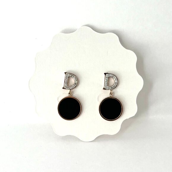 Gold tone Letter D with black drop Dangle Statement Earrings White Stones NWT - Picture 2 of 6